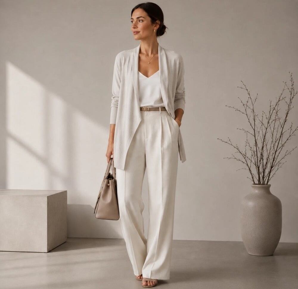 Eileen Fisher Cardigan Womens M Bone 80% Silk Organic Cotton Open Front Luxe